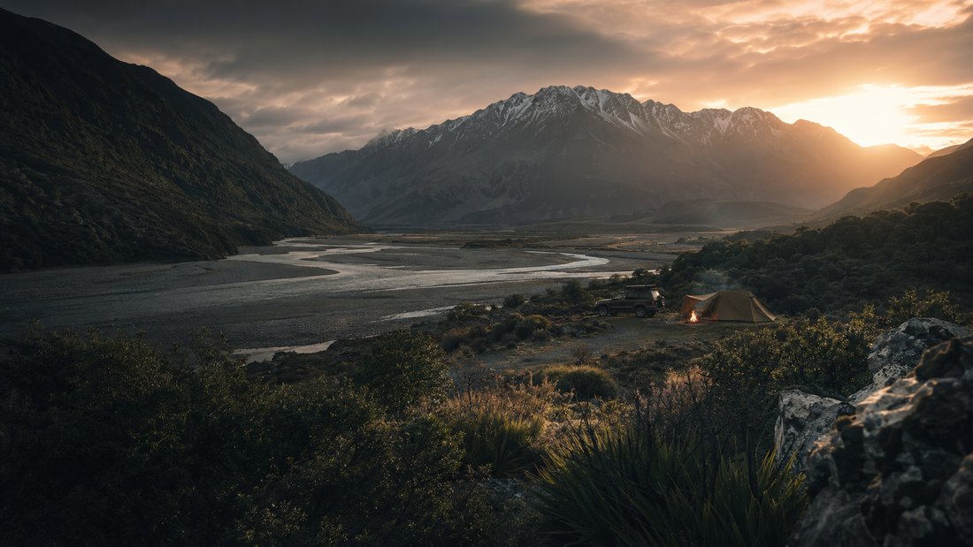 South Island backcountry campsite at sunrise