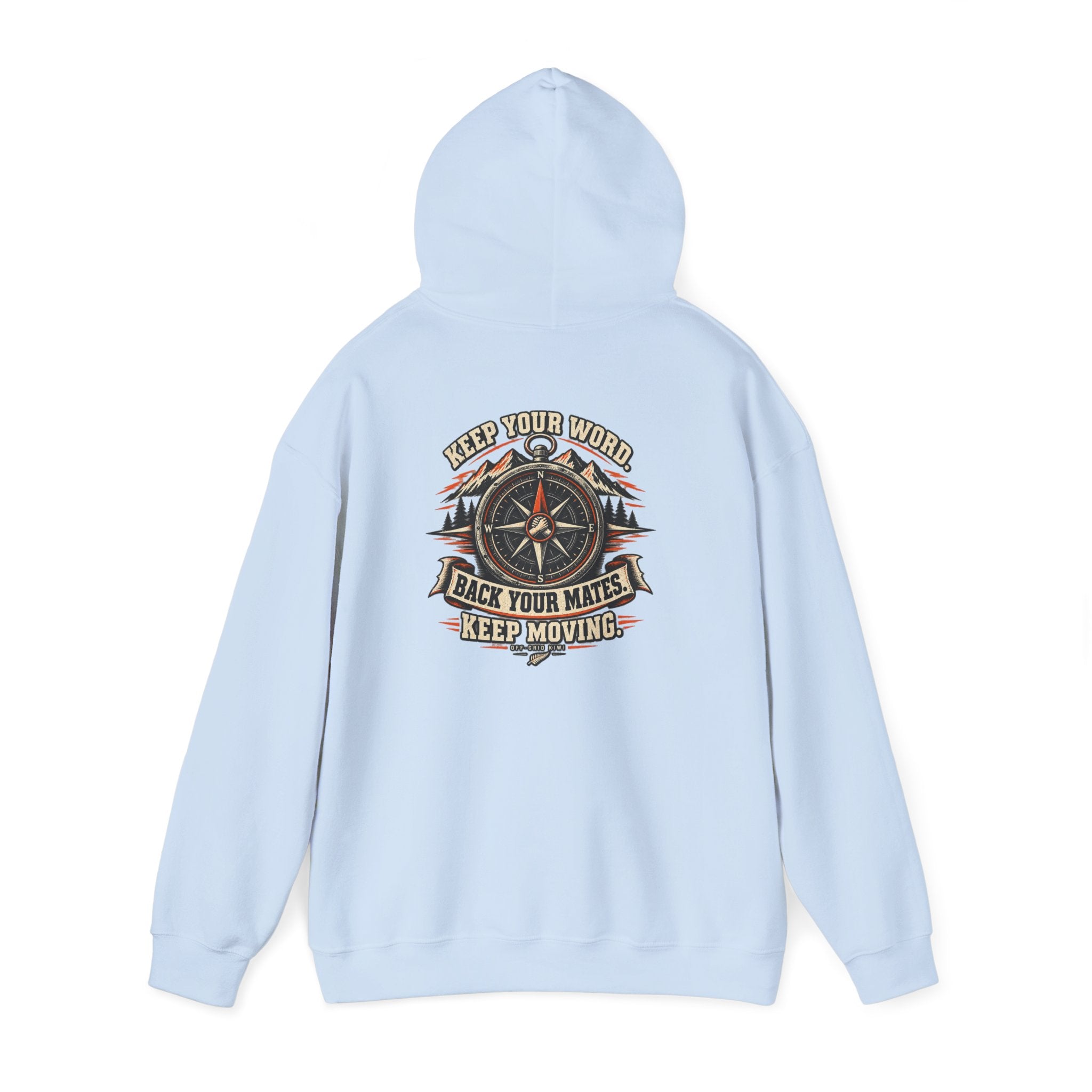 Compass Graphic Hoodie — "Keep Your Word, Back Your Mates, Keep Moving" Motivational Streetwear